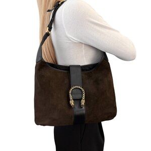 GUCCI Vintage Logo Dionysus Shoulder Bag Brown Black Gold Suede Leather [105902]